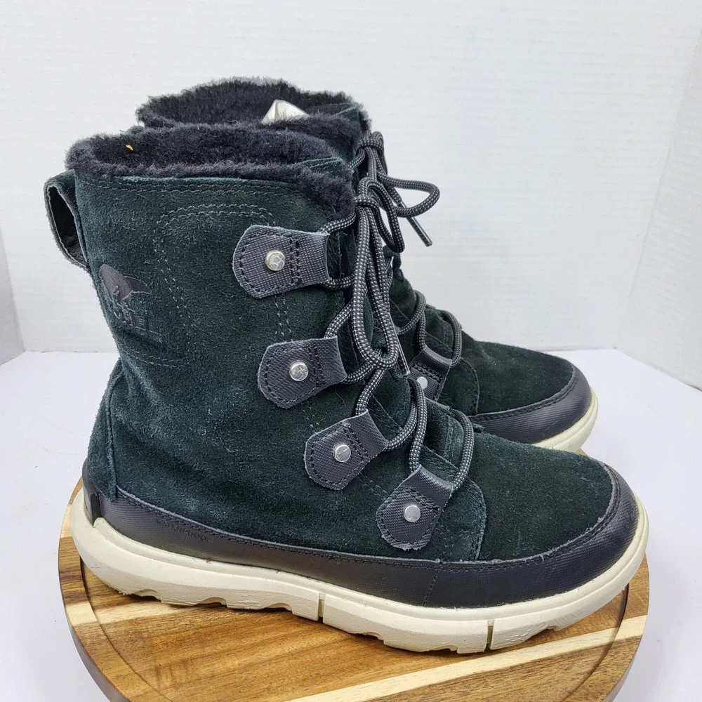 Sorel‎ Explorer II Joan Black Waterproof Suede Winter Boots NL4462-010 Womens 7